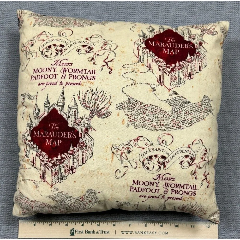 Harry Potter Throw Pillow 12"X12" The Marauders Map Beige Black Red Square - Picture 5 of 6
